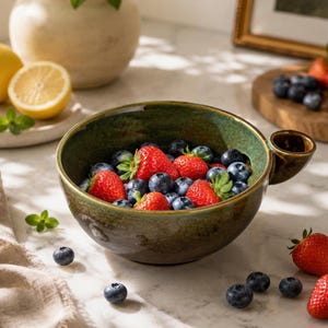 May include: A round, deep ceramic bowl with a dark green, mottled glaze and a small, integrated side handle. The bowl is filled with fresh red strawberries and dark blue blueberries, with additional berries scattered around the base of the bowl.