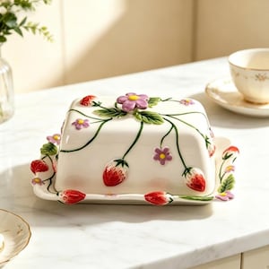 May include: A rectangular ceramic butter dish with a white base and lid, decorated with raised, hand-painted red strawberries, green leaves, and small purple flowers. The lid features a sculpted purple flower handle on top.