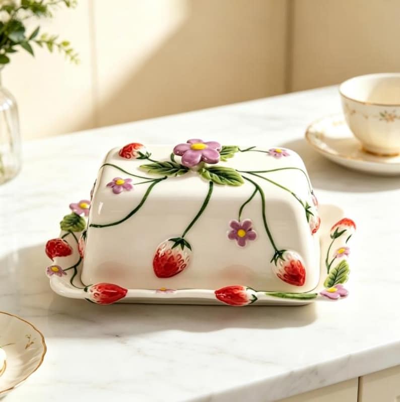 May include: A rectangular ceramic butter dish with a white base and lid, decorated with raised, hand-painted red strawberries, green leaves, and small purple flowers. The lid features a sculpted purple flower handle on top.