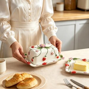 May include: A cream-coloured ceramic butter dish with a lid featuring a hand-painted strawberry and flower vine pattern. The rectangular lid has a sculpted flower knob on top. A matching rectangular plate holds a block of yellow butter.