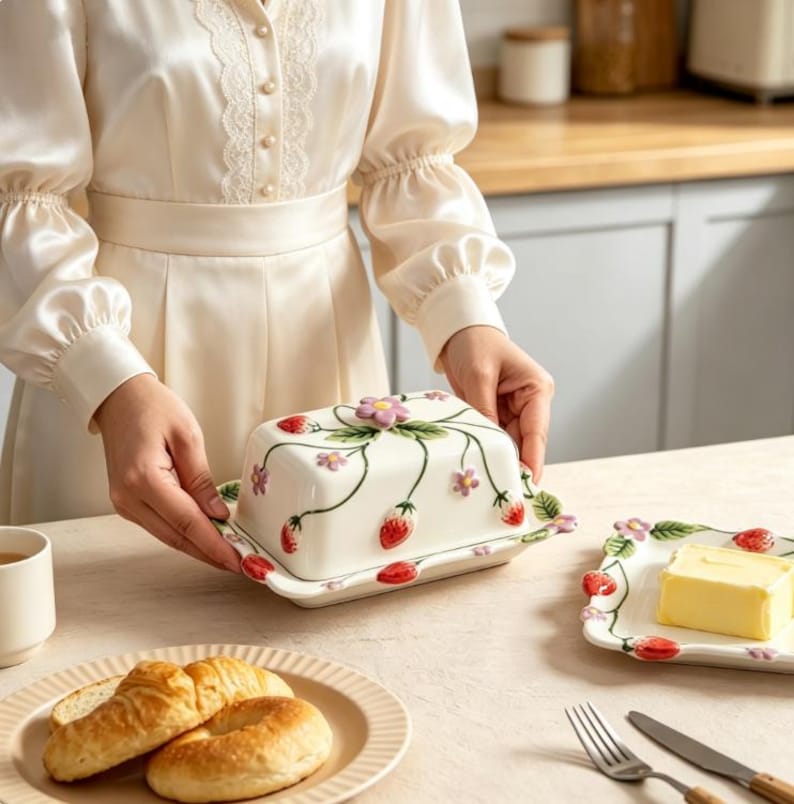 May include: A cream-coloured ceramic butter dish with a lid featuring a hand-painted strawberry and flower vine pattern. The rectangular lid has a sculpted flower knob on top. A matching rectangular plate holds a block of yellow butter.