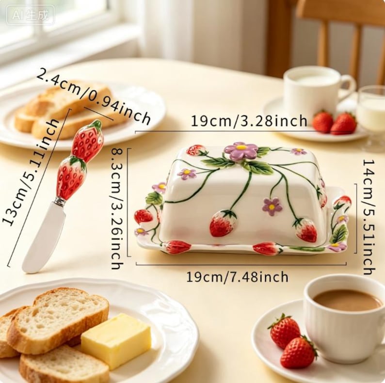 May include: A white ceramic butter dish with a lid featuring hand-painted red strawberries, green leaves, and purple flowers, measuring 19 cm long and 8.3 cm high, accompanied by a matching spreader with a 13 cm strawberry-shaped handle.