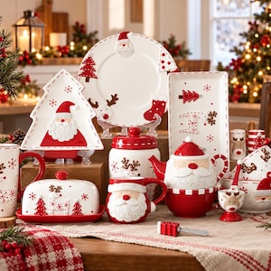 Puede incluir: Un conjunto de vajilla navideña de cerámica blanca y roja con motivos de Papá Noel, renos y árboles de Navidad. El set incluye un plato redondo, una bandeja con forma de árbol, una bandeja rectangular, una tetera, tazas y un cuenco.