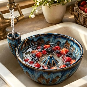 May include: A blue and brown glazed ceramic bowl with a built-in juicer cone and a side spout, filled with water and fresh strawberries and blueberries. The bowl is positioned under a brass faucet with water flowing into the side spout.