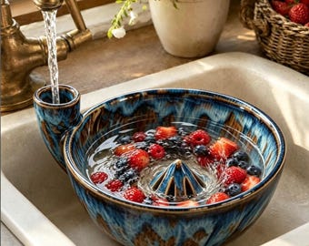 May include: A blue and brown glazed ceramic bowl with a built-in juicer cone and a side spout, filled with water and fresh strawberries and blueberries. The bowl is positioned under a brass faucet with water flowing into the side spout.