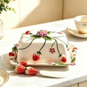May include: A white ceramic butter dish with a rectangular lid and matching base, decorated with hand-painted red strawberries, green leaves, and small purple flowers. A matching butter knife with a strawberry-shaped handle is included.
