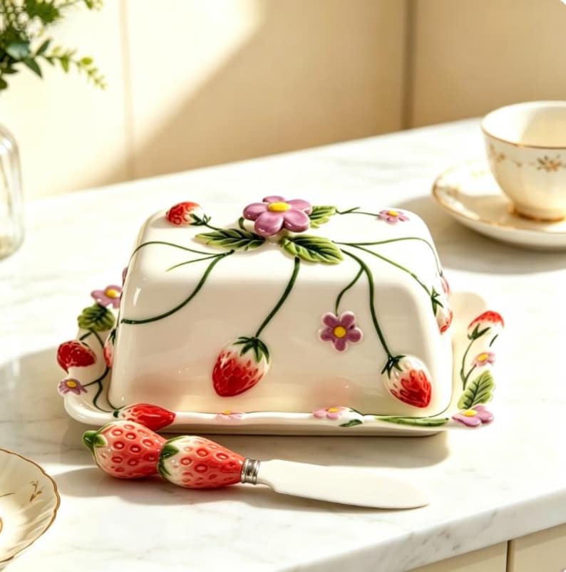 May include: A white ceramic butter dish with a rectangular lid and matching base, decorated with hand-painted red strawberries, green leaves, and small purple flowers. A matching butter knife with a strawberry-shaped handle is included.