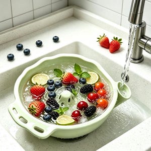 May include: A light green plastic colander bowl with a central drainage spout and side handles, filled with water, ice cubes, fresh strawberries, blackberries, blueberries, cherry tomatoes, lime slices, and mint leaves under a running tap.