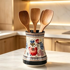 May include: A ceramic utensil holder with a flared base and a cream-coloured surface decorated with red flowers, blue blossoms, and a small bee. Three light brown wooden spoons are placed inside the container, which features a solid black base.