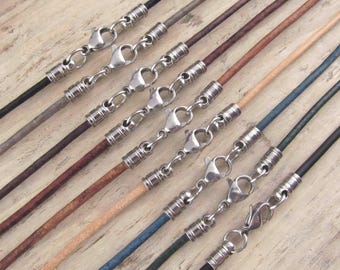 Cordón de cuero natural de 2 mm para collar con cierre de mosquetón de acero inoxidable, anilla opcional, largo o tipo gargantilla.