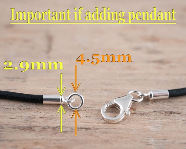 2mm leather cord with measurement of sterling silver findings.