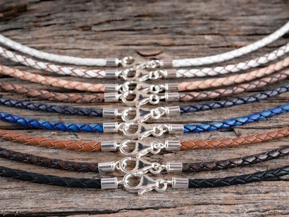 Braided Leather Necklace, 3mm Leather Cord Necklace with Sterling Silver Lobster Clasp, Minimalist Leather Necklace for Men or Women