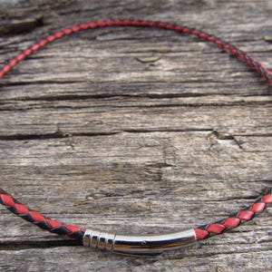 3mm Braided Leather Necklace, Red & Black with 5mm Stainless Steel Clasp, Unisex