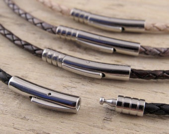 3mm Braided Leather Necklace, Braided Bolo Leather Cord Necklace, Stainless Steel Clasp, Natural, Grey, Brown and Black Leather Necklace Men