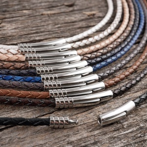 3mm Braided Leather Necklace, Braided Bolo Leather Cord With 5mm Stainless Steel Clasp, Natural, Grey, Brown, Black Leather Necklace Men