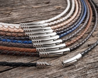 3mm Braided Leather Necklace, Braided Bolo Leather Cord With 5mm Stainless Steel Clasp, Natural, Grey, Brown, Black Leather Necklace Men