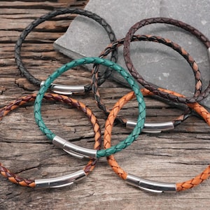 4mm Braided Men's Leather Bracelet with Stainless Steel Clasp, Thin Minimalist Leather Cord Bracelet