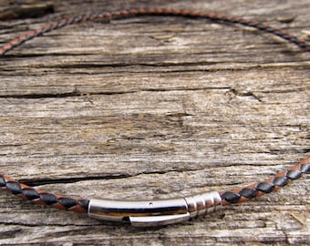 3mm Black And Brown Braided Leather Necklace, Braided Leather Cord With 5mm Stainless Steel Clasp, Leather Jewelry For Men