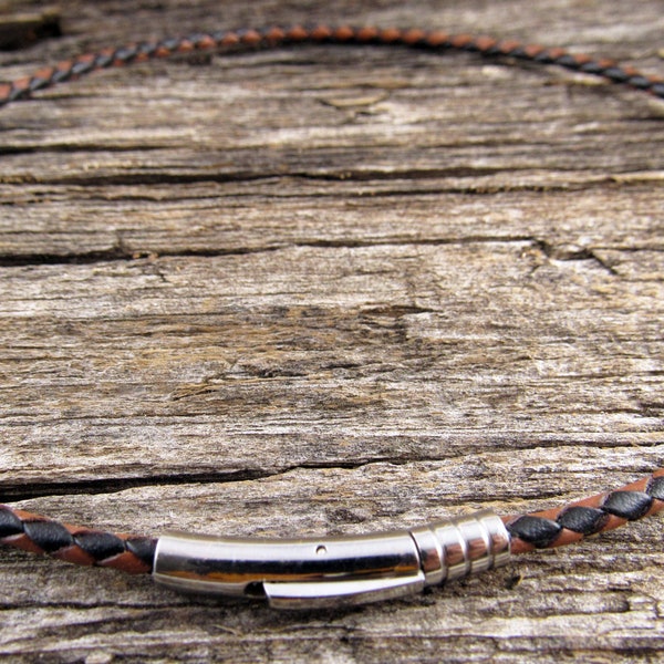 3mm Black And Brown Braided Leather Necklace, Braided Leather Cord With 5mm Stainless Steel Clasp, Leather Jewelry For Men