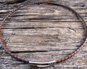 Black & Brown Braided Leather Necklace 3mm, Stainless Steel Clasp, Unisex