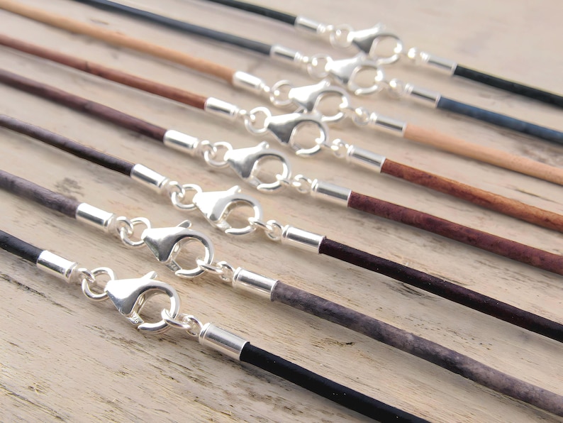 2mm leather cord necklace with .925 sterling silver clasp, thin minimalist cord for pendants, replacement necklace in black, brown, forest green, and blue. Custom length choker or long.