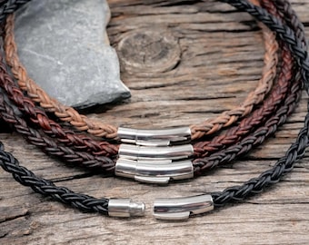 6mm Braided Leather Necklace for Men, Thick Leather Cord in Black or Browns, Stainless Steel Clasp, Custom Length