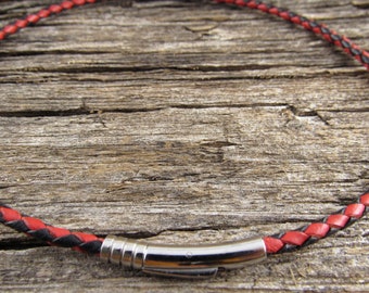 3mm Red And Black Braided Leather Necklace With Stainless Steel Clasp, Womens or Mens Leather Necklace, Black And Red Braided Leather Cord