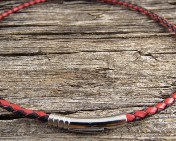 3mm Red and Black Braided Leather Necklace With Stainless Steel