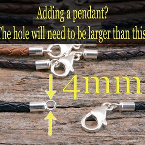 Arrows pointing at the sterling silver cord end of a black leather necklace. The arrows indicate the cord end is 4mm in diameter. Important if adding a pendant.