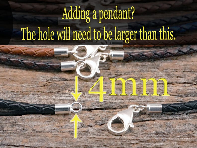 Arrows pointing at the sterling silver cord end of a black leather necklace. The arrows indicate the cord end is 4mm in diameter. Important if adding a pendant.