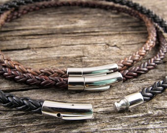 6mm Braided Cord Necklace, Thick Braided Leather Necklace With Stainless Steel clasp, Grey, Brown Or Black Leather Necklace For Men or Women