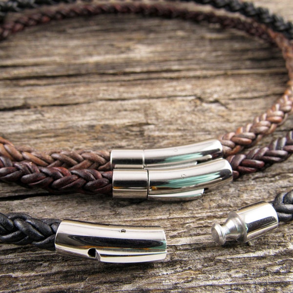 6mm Braided Cord Necklace, Thick Braided Leather Necklace With Stainless Steel clasp, Grey, Brown Or Black Leather Necklace For Men or Women