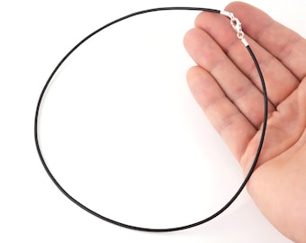 Thin Black Greek Leather Necklace for Pendant, 2mm Cord with Sterling Silver Clasp, Minimalist Jewelry