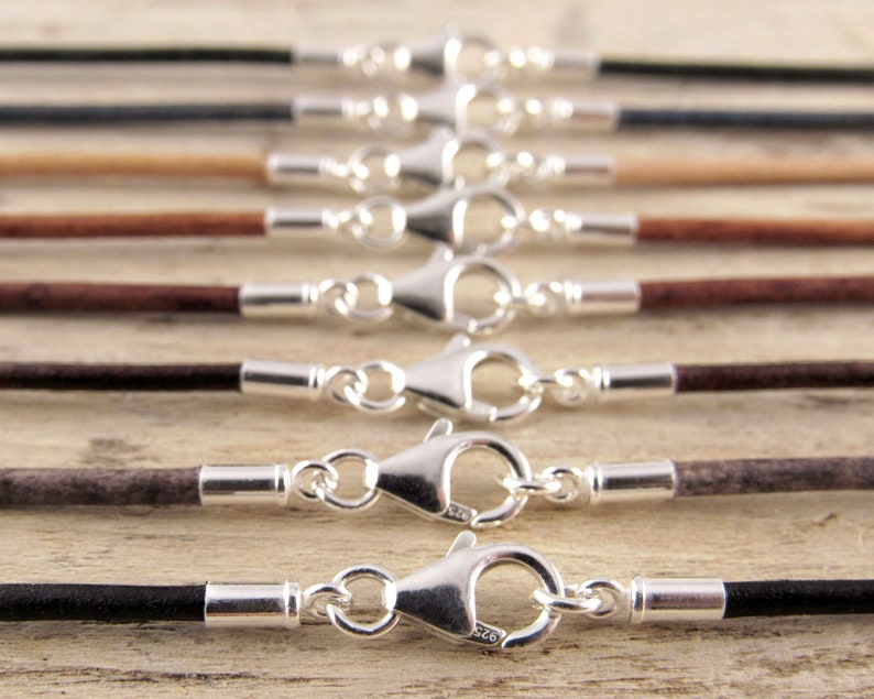 A selection of leather cord necklaces with a sterling silver lobster clasp and cord ends. Vegetable tanned naturally dyed round leather necklaces for men or women. This is for one leather necklace in your choice of color and length.