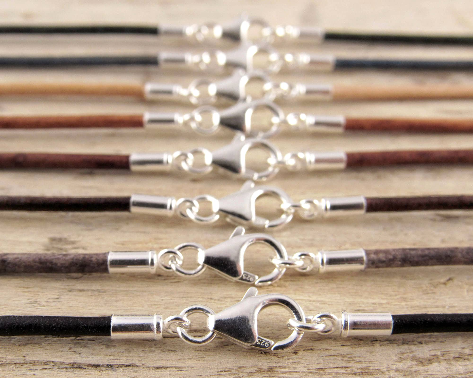 2mm Metallic - Leather Necklace with Clasp - Round Plain Leather Cord Necklace Men or Women with Button Locking Clasp