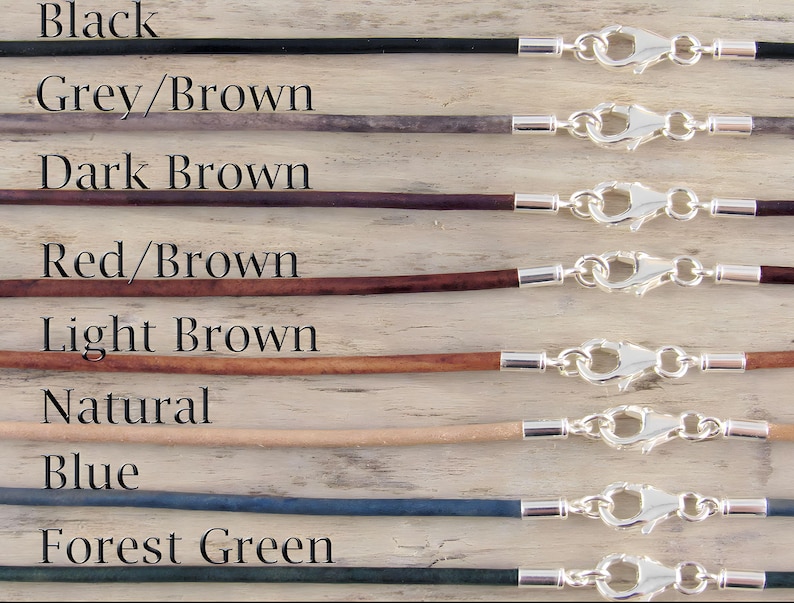 Black leather necklace also available grey brown, dark brown, red brown, light brown, natural, blue and forest green.