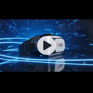 May include: A black and white virtual reality headset featuring the text VR BOX printed on the front face. The device includes an adjustable black head strap and is positioned against a dark blue background with glowing light streaks.