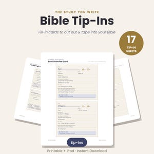 May include: A set of 17 printable Bible tip-in sheets featuring fill-in cards for book overviews and study notes. The white paper sheets contain sections for book titles, authors, key verses, and personal reflections, designed to be cut and taped.