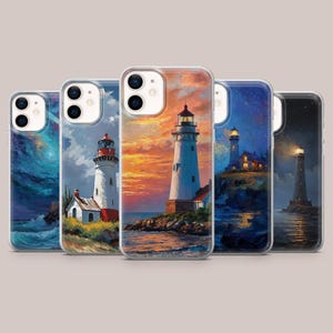 May include: Five clear smartphone cases featuring distinct lighthouse illustrations. The designs depict lighthouses in various settings, including stormy seas, vibrant sunset skies, and tranquil night scenes with glowing lights over dark water.
