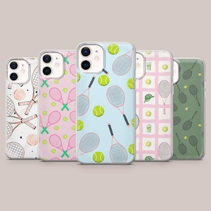 May include: Five clear smartphone cases arranged in a row, each featuring a different tennis-themed pattern. Designs include crossed tennis rackets and balls on white, pink, light blue, pink plaid, and sage green backgrounds with various racket layouts.