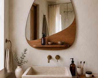 Organic Wall Mirror with Wood Shelf, Irregular Japandi Bathroom Mirror, Wabi Sabi Decor