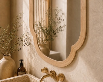Handmade Solid Oak Arch Mirror, Moroccan Inspired Bathroom Wall Mirror