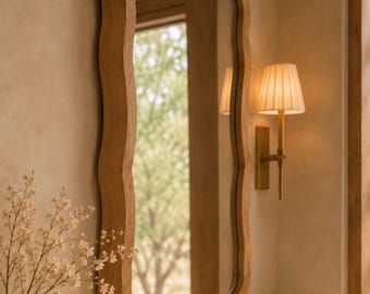 Handmade Wavy Solid Oak Wall Mirror, Scalloped Bathroom Vanity, Custom Size