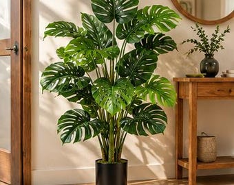 Planta Monstera artificial, follaje tropical sintético en maceta, decoración para el hogar y la oficina, hojas de plástico realistas, planta de interior estilo boho, acento tropical para el hogar, estilo zen.