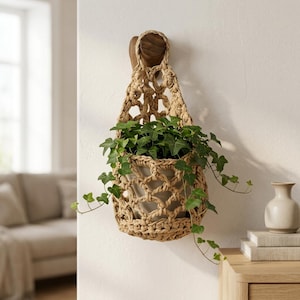 Può includere: Un portapiante in corda color beige, annodato a mano e appeso a un gancio da parete in legno. Il supporto presenta una trama aperta a reticolo e contiene un vaso chiaro con una rigogliosa pianta di edera verde dai rami ricadenti.