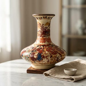 Jarrón de porcelana de estilo japonés, urna oriental decorativa pintada a mano con diseño de paisaje de geisha, decoración de inspiración vintage para el hogar, regalo contemporáneo.