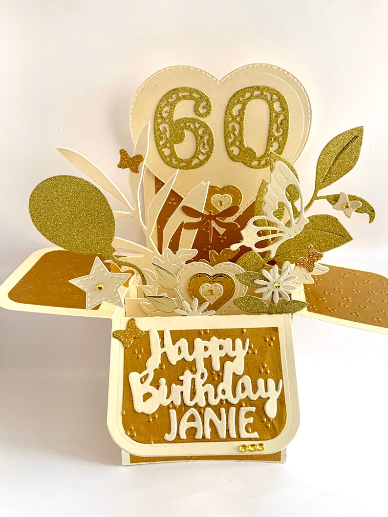 Pop up Gold Birthday Card, 3D Pop up Box Card, Exploding Box Card, Card ...