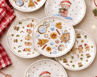 Kerstdessertbordjesset – 6-delige keramische feestbordjes, 16 cm.