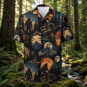 Bigfoot Silhouette Button Up Shirt | Retro Mountain Wilderness Apparel