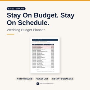 May include: An Excel template for a wedding budget planner featuring the text Stay On Budget. Stay On Schedule. Wedding Budget Planner. The document includes a timeline and checklist with columns for tasks and due dates, plus progress tracking.